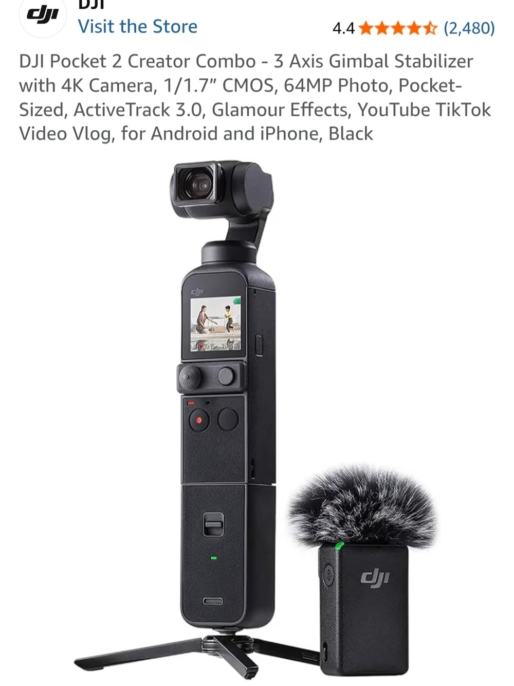DJI Pocket 2 Gimbal Camera with Black Wireless Microphone and Gimbal Stabilizer